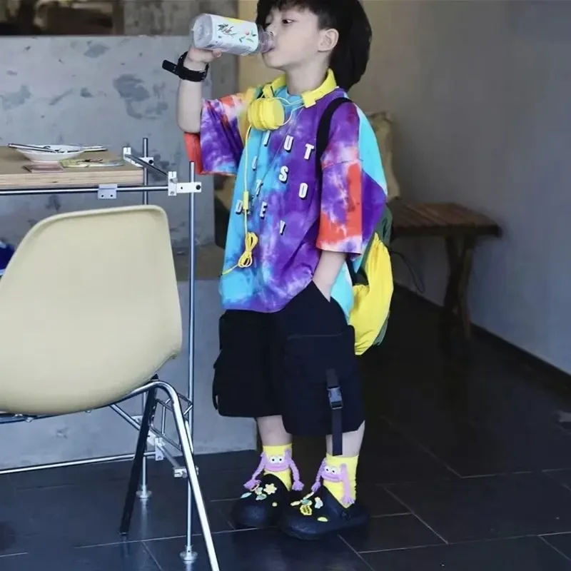 儿童套装2025夏季韩版彩色扎染印花重工短袖爆款时尚炸街两件套潮