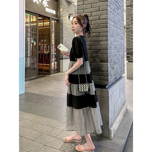 女士条纹连衣裙2025夏季新款大码宽松胖mm遮肉显瘦过膝爆款长裙子