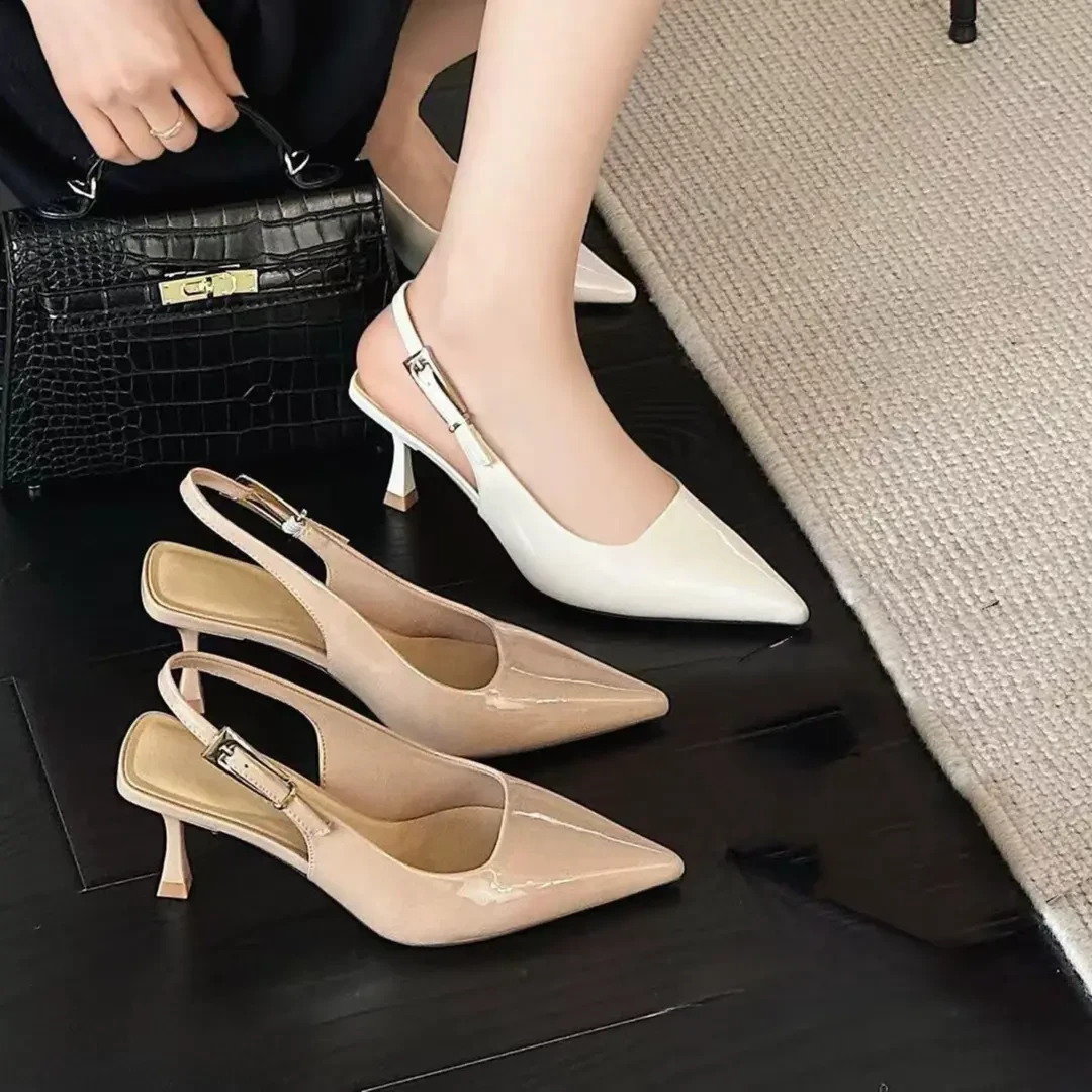 5cm裸色高跟鞋夏季细跟2025新款漆皮尖头一字带后空包头凉鞋女