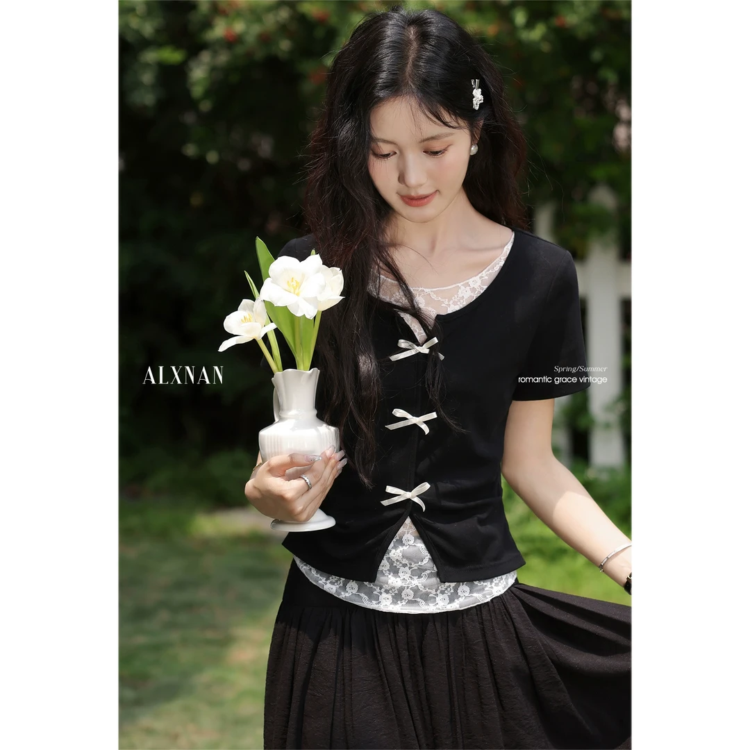 鹿向南【粉丝福利】法式修身黑色拼接T恤短袖夏圆领上衣L55199