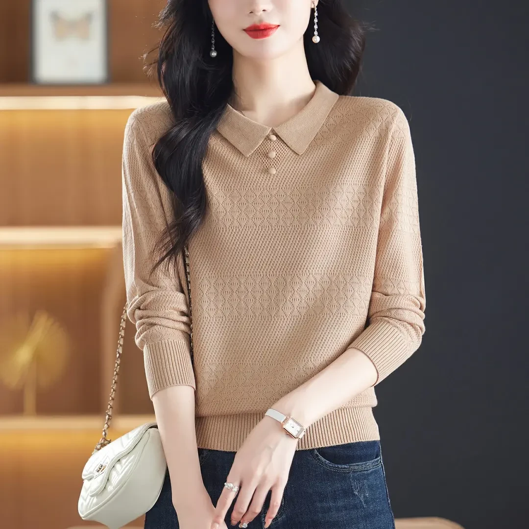薄款长袖翻领针织打底衫女2025秋季新款套上衣气质妈妈装宽松