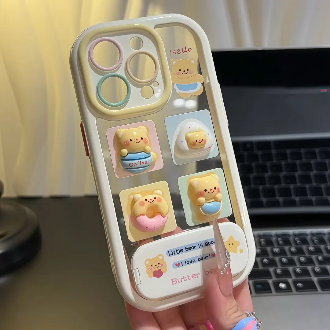 适用苹果16pro黄油小熊支架iPhone奶油手机壳华为oppovivo小米15