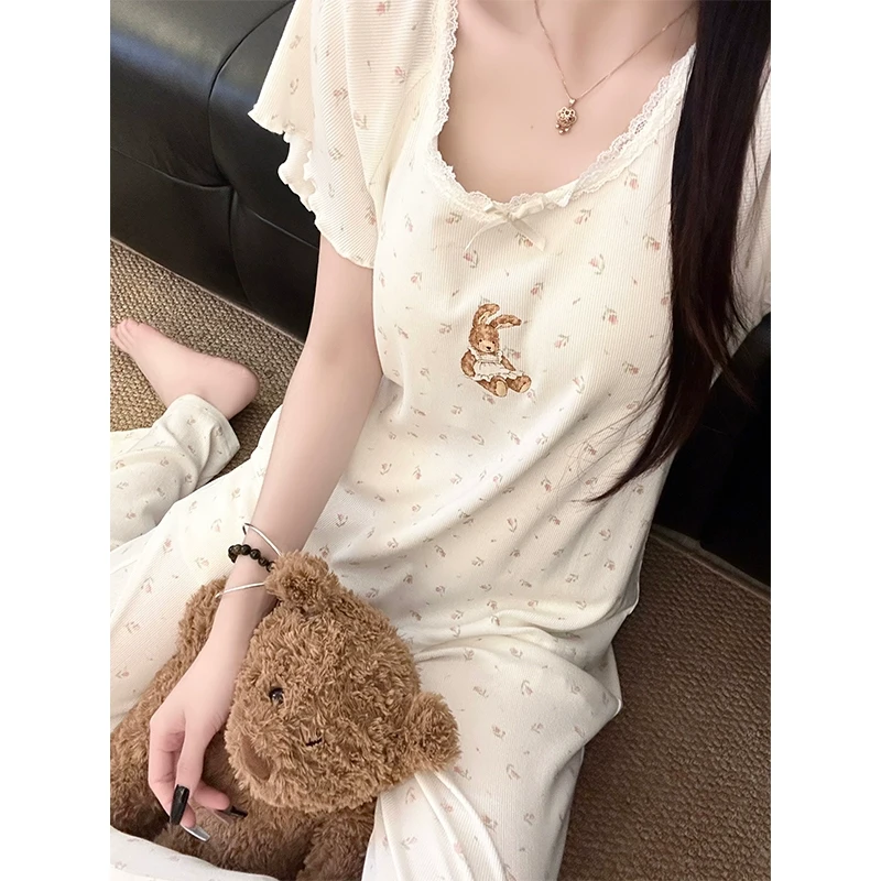 【可爱兔子】短袖睡衣女款爆款2025新款夏蕾丝花边家居服套装可外穿