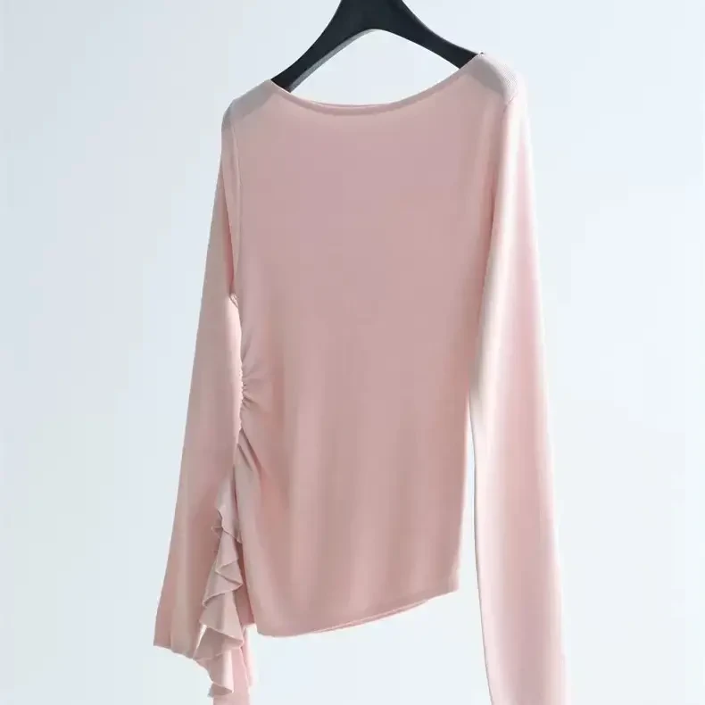 小众设计一字领莱赛尔女早春针织衫薄款百搭显瘦侧收腰长袖