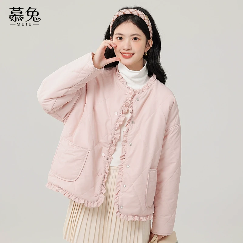 慕兔甜美粉色木耳边棉衣短外套女2024冬季新款加绒加厚宽松显瘦