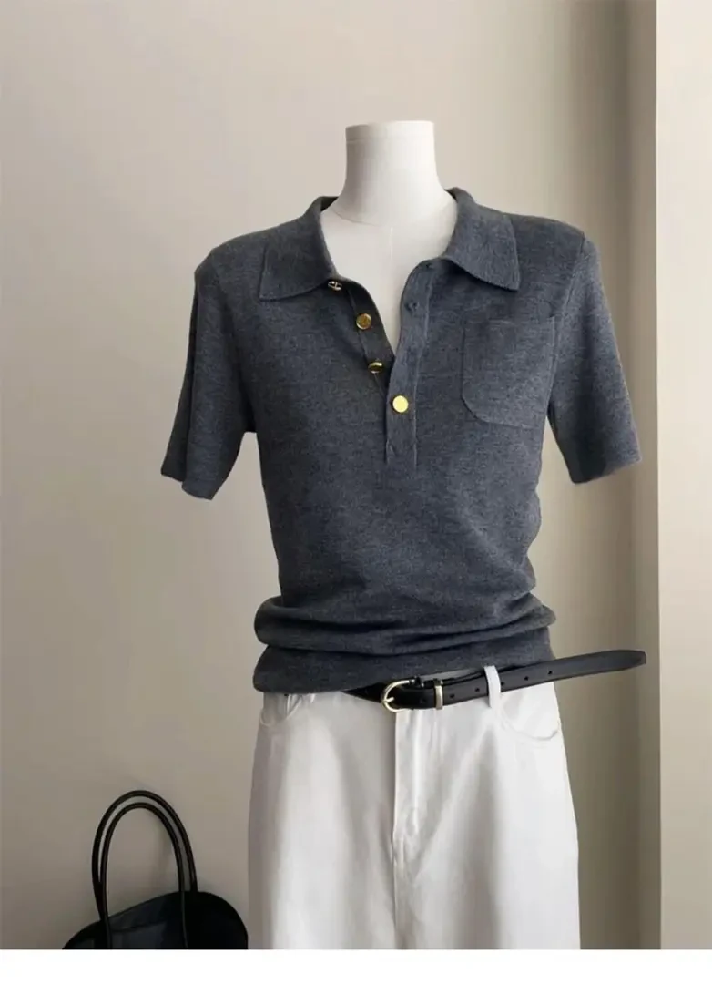法式别致灰色针织翻领POLO衫短袖t恤小个子短款上衣薄女2025夏季