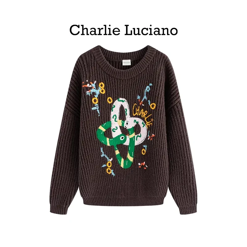 Charlie Luciano贪吃蛇绣花毛衣25年春圆领潮牌蛇年限定男女上衣