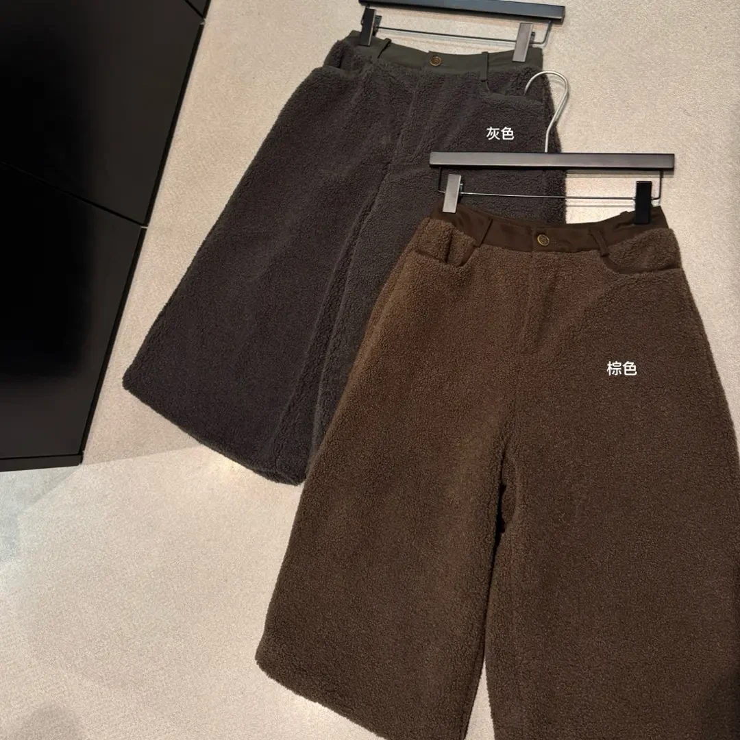 秋冬新款加绒加厚细格子直筒显瘦阔腿毛呢裤