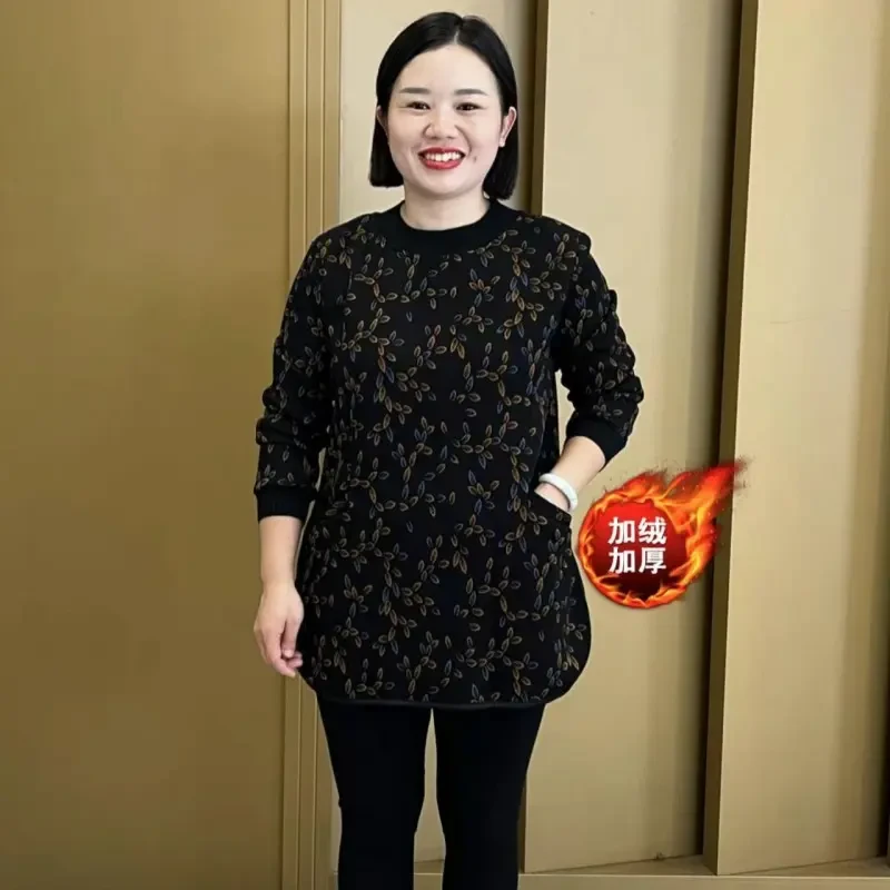 《专柜品质》S秋冬新款加绒加厚小碎花遮肉显瘦中长款妈妈大码上衣
