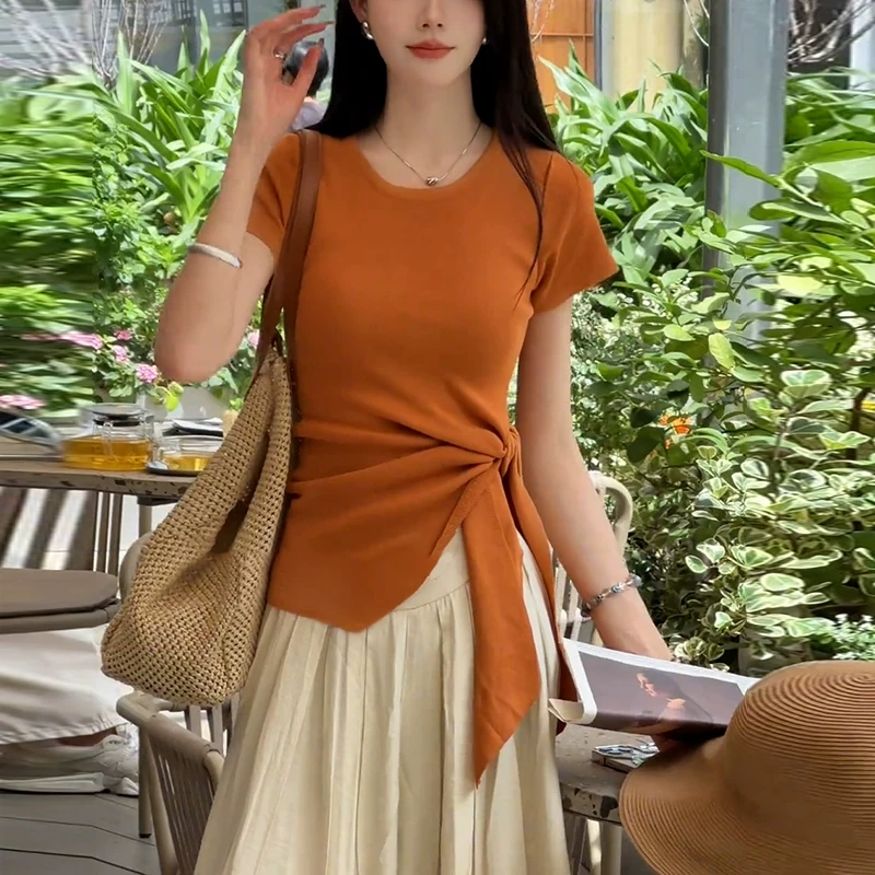 设计感绑带短袖t恤女2025年夏季新款圆领体恤时尚不规则开叉上衣