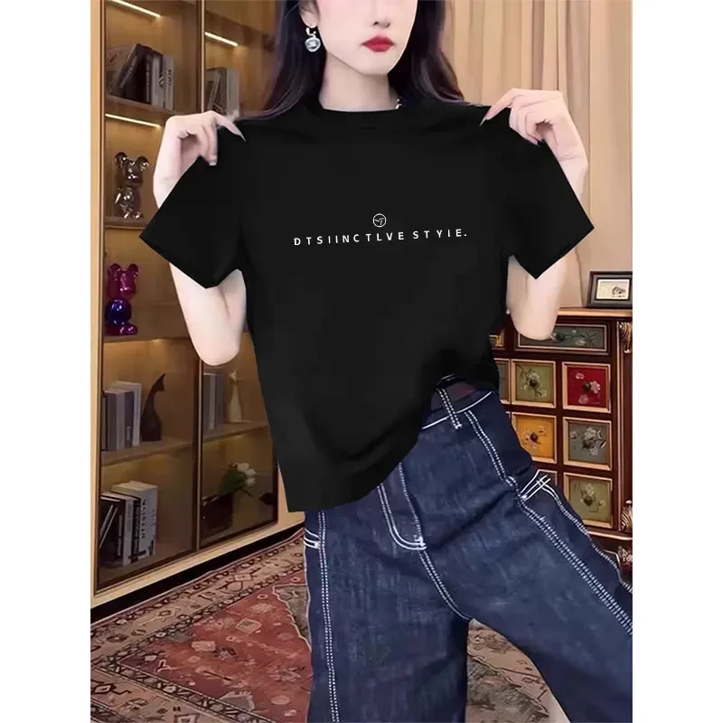 设计感小众正肩圆领短袖t恤女装2025新款时尚百搭黑色上衣夏季潮