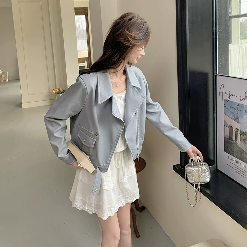 网红爆款pu皮衣外套女春秋季新款洋气显瘦西装领机车服皮夹克上衣