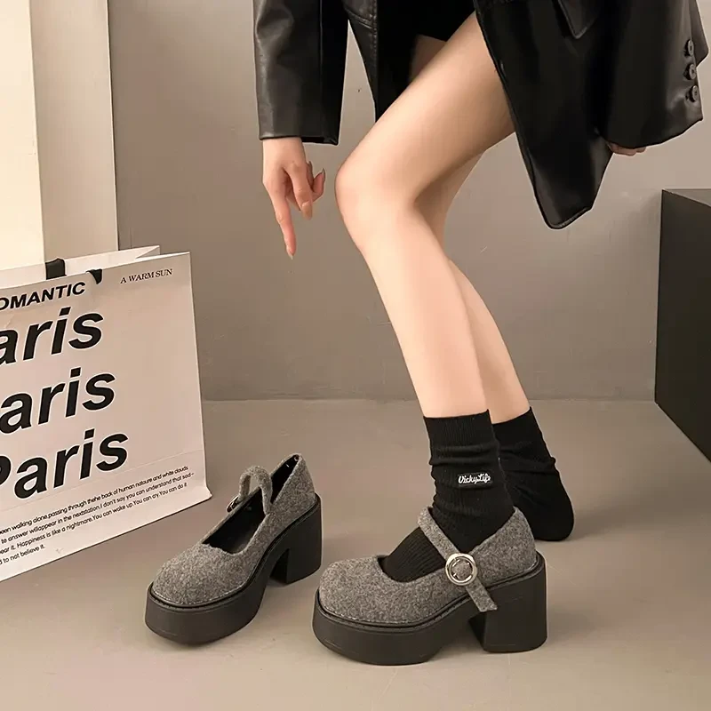 法式高跟浅口玛丽珍鞋女2025春季新款粗跟毛毛鞋外穿时尚毛呢单鞋