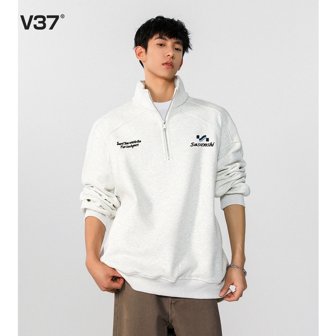 V37美式潮牌卫衣男春秋季新款休闲半拉链设计感宽松百搭上衣外套