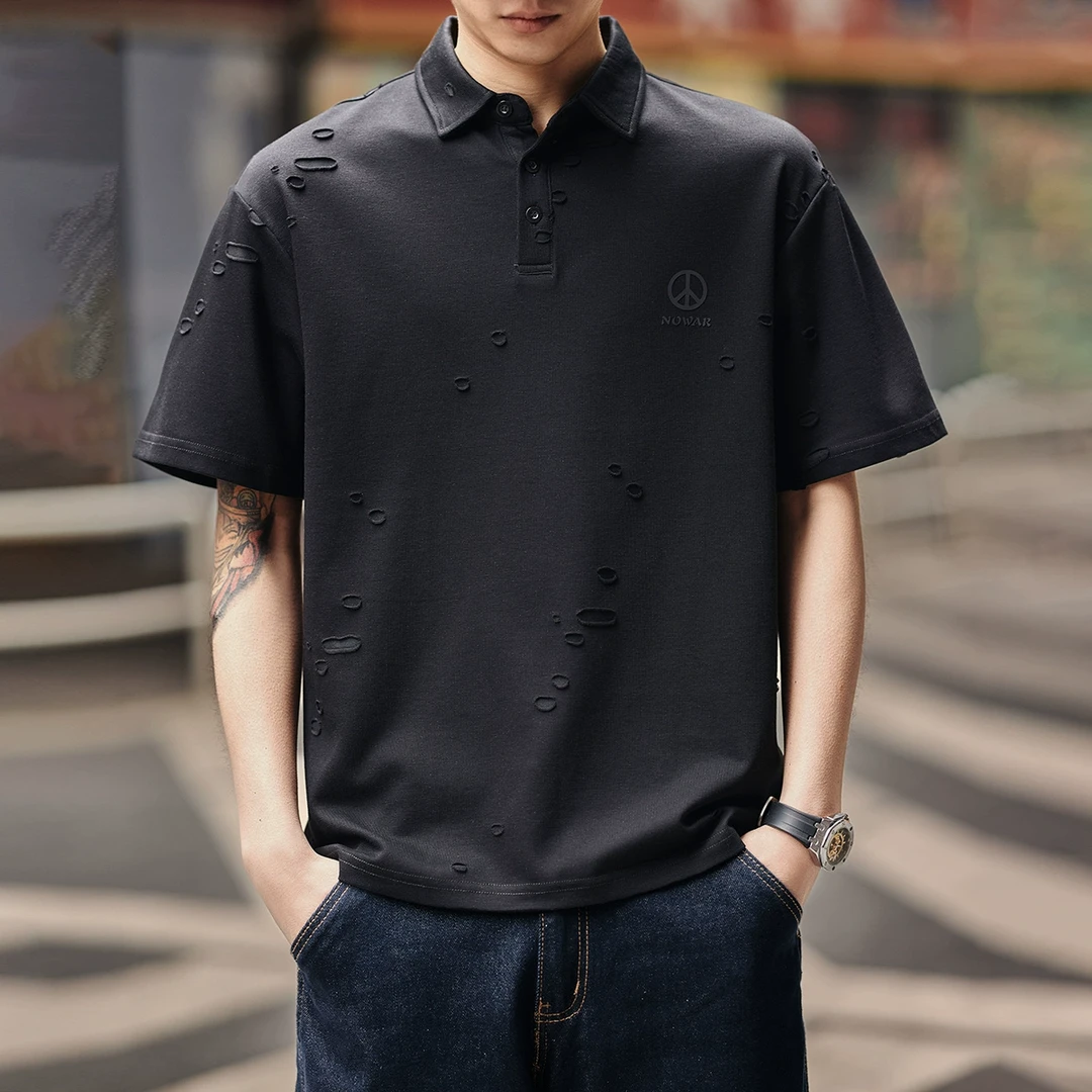 格蓝鹿高端复古短袖POLO衫男士夏季潮牌宽松休闲设计感破洞打底衫