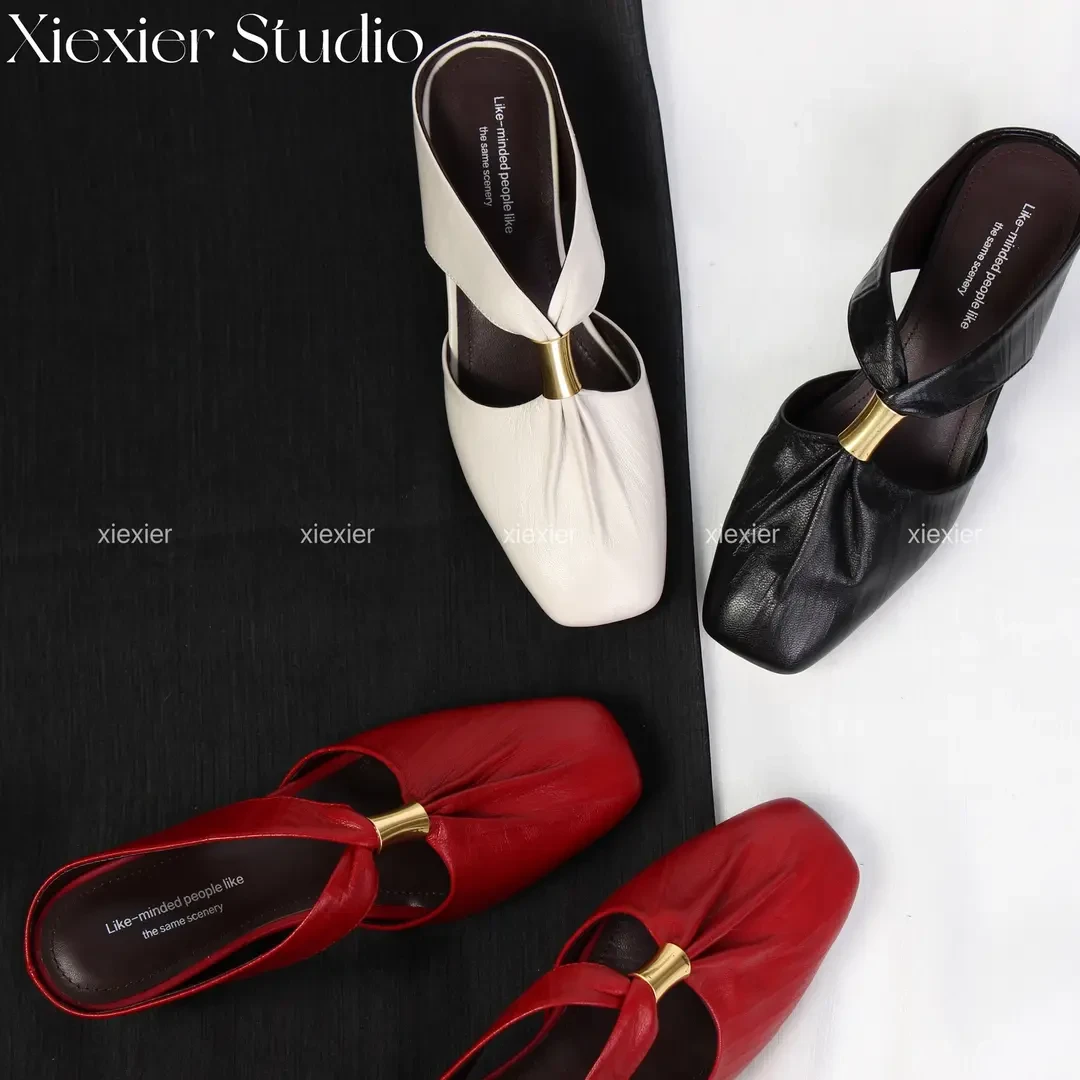 谢喜儿羊皮法式褶皱包坡跟半拖鞋通勤轻便防滑时尚夏季增高女鞋