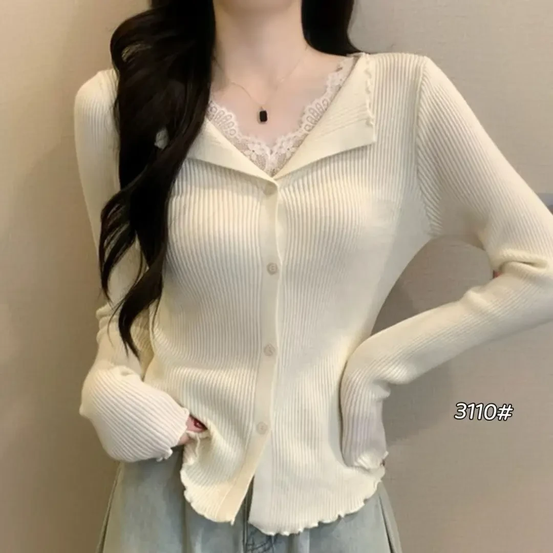 秋冬法式蕾丝V领拼接长袖针织开衫女修身百搭气质上衣