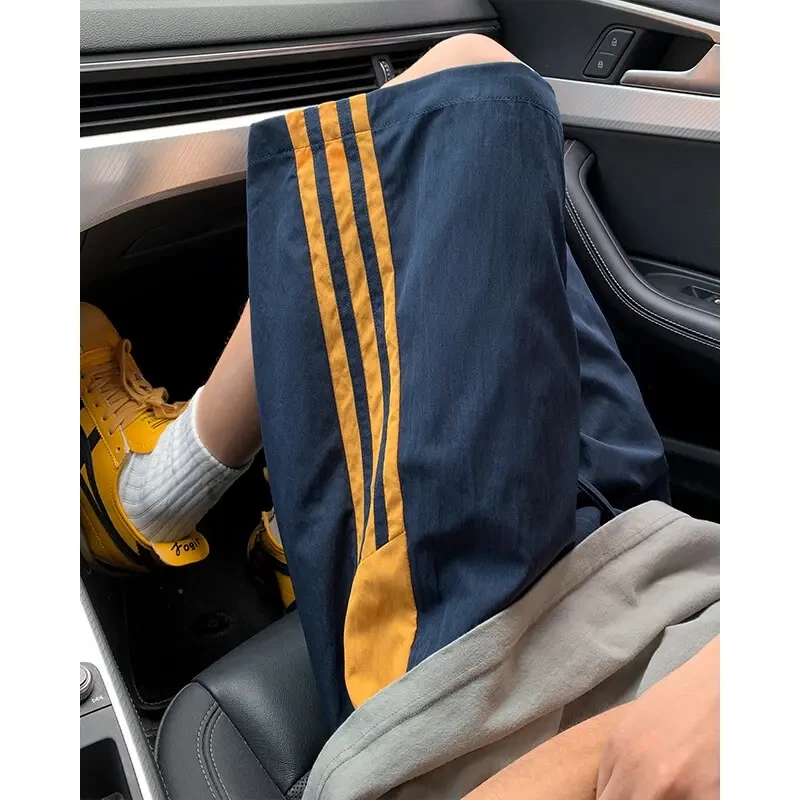 藏青色条纹速干短裤男夏美式撞色三条杠外出沙滩五分裤休闲运动裤