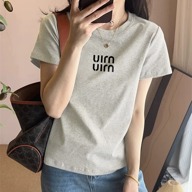 2025新款正肩纯棉短袖t恤女时尚百搭洋气减龄显瘦米灰色上衣夏季