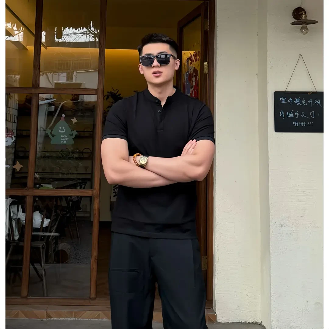 美式简约硬汉中式亨利领纯色Polo衫珠地棉透气百搭男款短袖