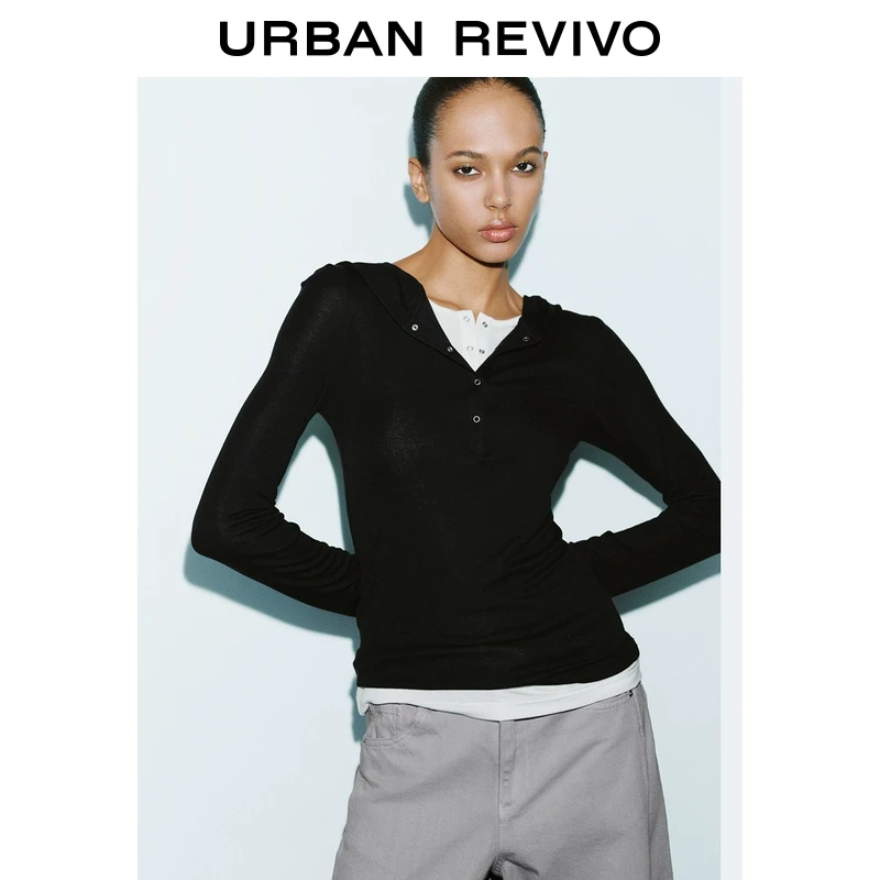 UR秋季新款女装潮流拼接假两件排扣修身连帽T恤UYV440107