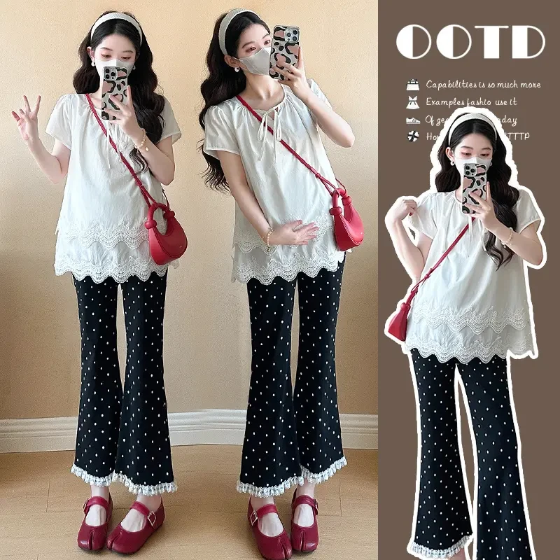 时髦孕妇装新款韩版双层蕾丝花边上衣显瘦气质洋气时尚休闲波点裤