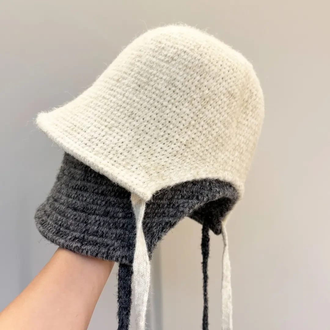 2025年秋冬季新款简约百搭流苏系带针织渔夫帽子女防寒保暖盆帽潮