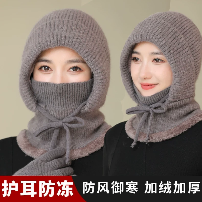 兔毛帽子女冬季毛线骑车护耳加绒加厚妈妈女士户外套头连体帽