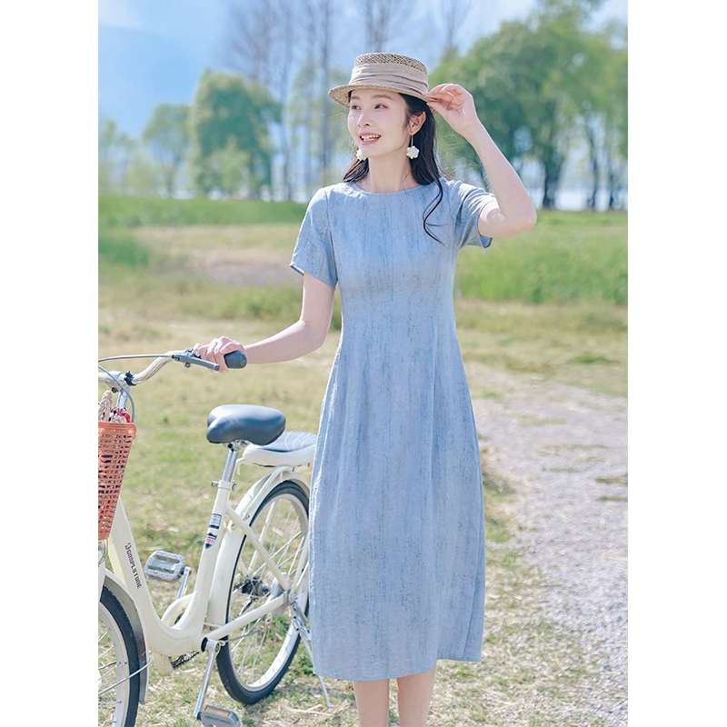 红念文艺蓝色连衣裙女收腰显瘦气质夏季2025新款女装优雅气质裙子