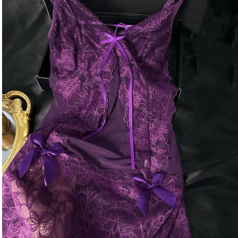 情人节【紫色韵味】性感吊带睡裙睡衣女纯欲蕾丝网纱美背镂空薄款