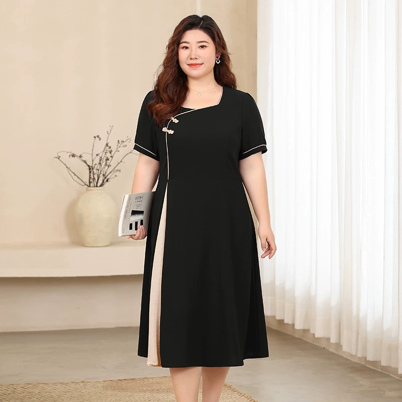 贵夫人胖mm新中式国风拼接盘扣旗袍2025夏季显瘦撞色连衣裙