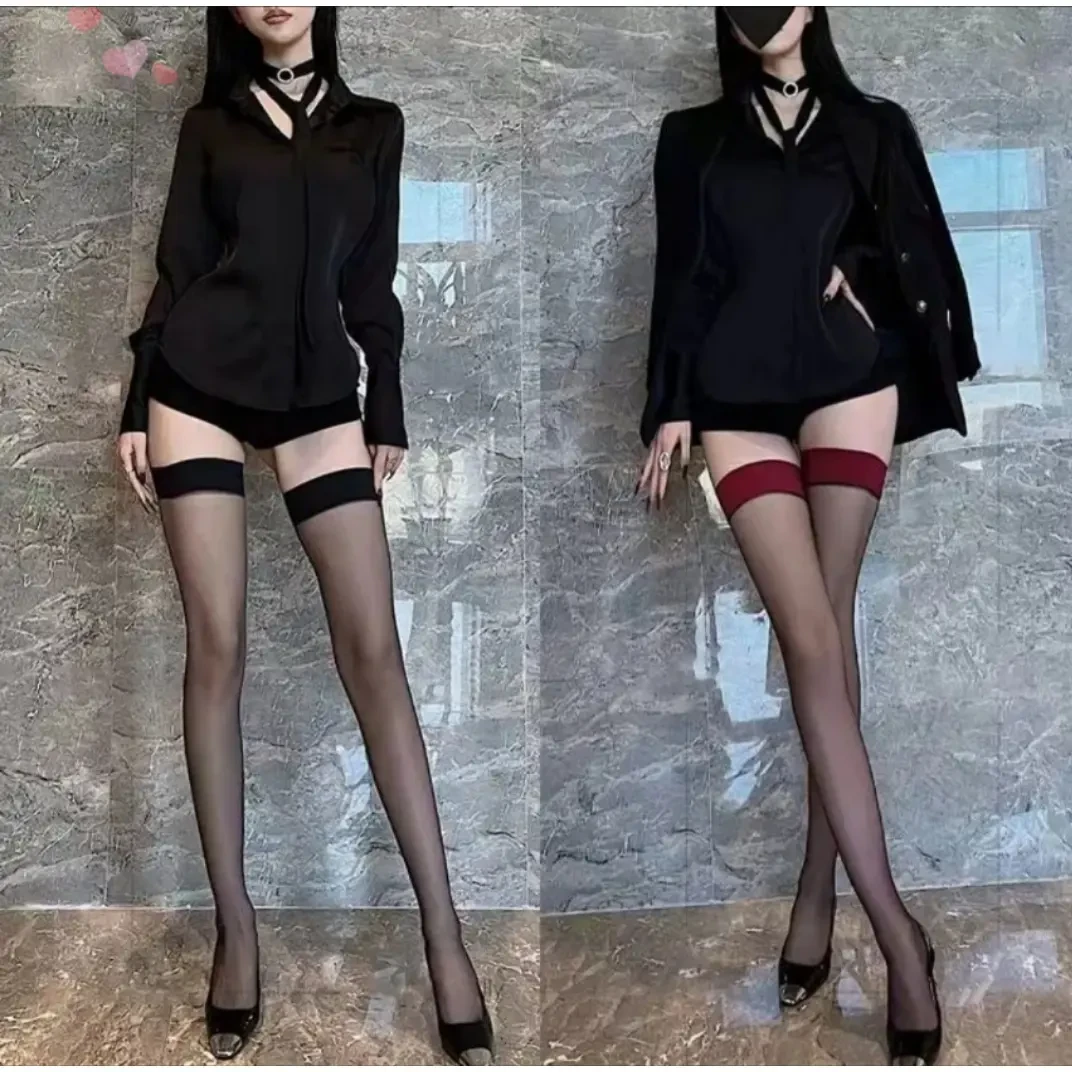 网红春夏jk红边丝袜2024高筒过膝超薄长袜黑色夏季薄款长筒袜子