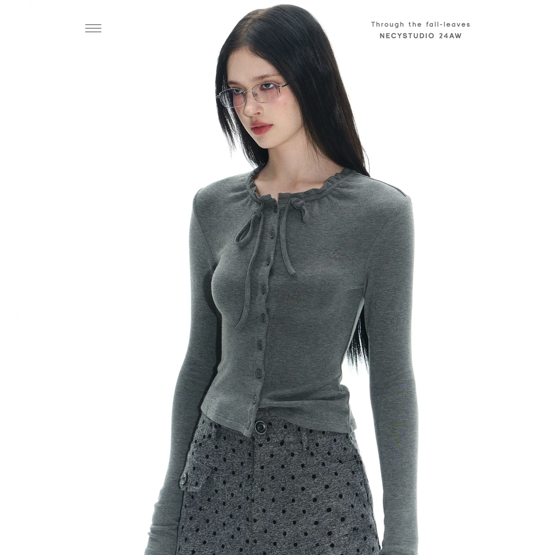 NECY【清冷千金】多粒扣领口抽褶上衣 美式修身针织打底209