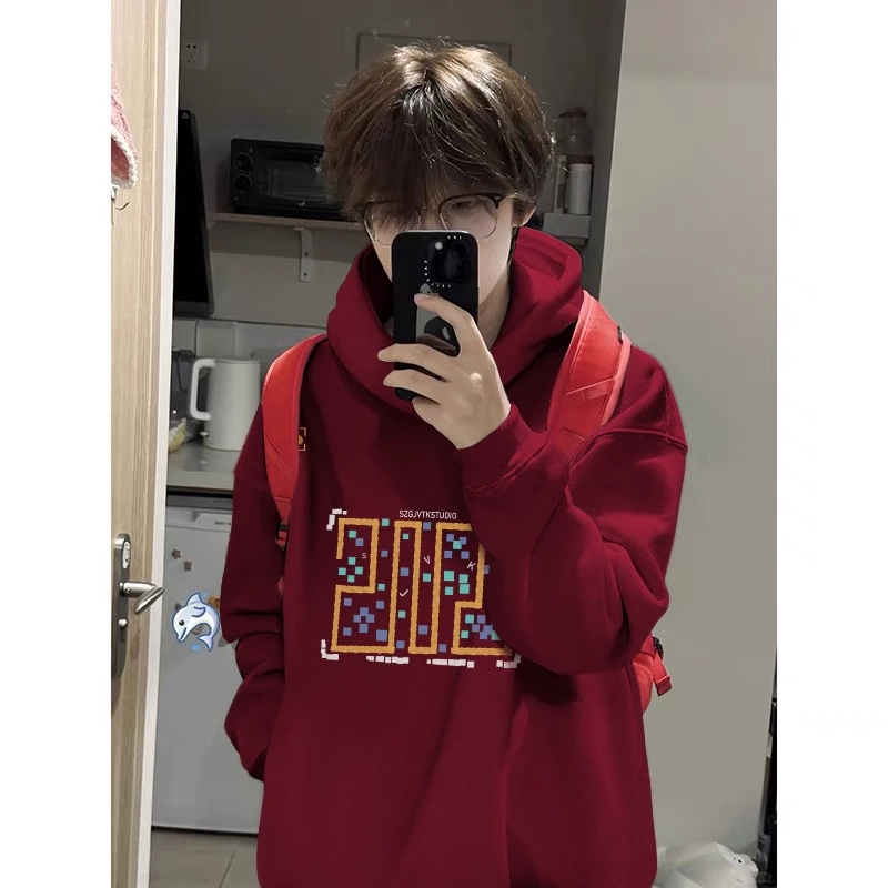 酒红色蛇年本命年连帽卫衣男秋冬季cleanfit国潮加厚宽松套头上衣