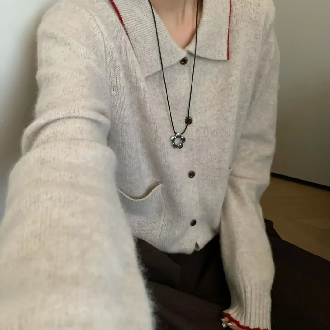 干洗!【安妮日记】木扣翻领口袋开衫 SSJ 韩系拼边秋冬羊绒开衫外套
