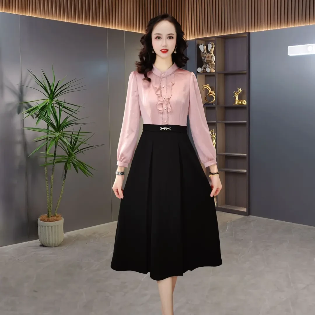 小个子高腰妈妈装A字裙2025早秋名媛气质时尚洋气减龄显瘦连衣裙