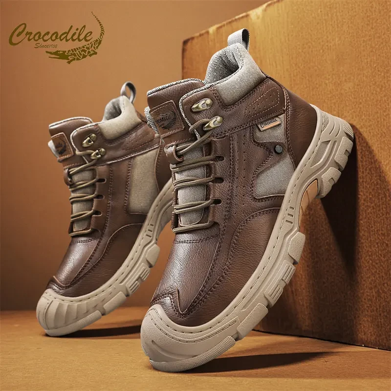 鳄鱼恤真皮厚款高帮圆头潮流风马丁靴百搭防滑高帮鞋休闲鞋秋冬季