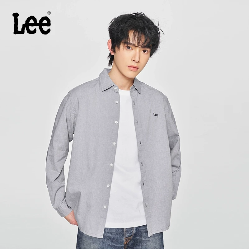 Lee同款25早春舒适版翻领刺绣小Logo灰色男长袖衬衫休闲cleanfit