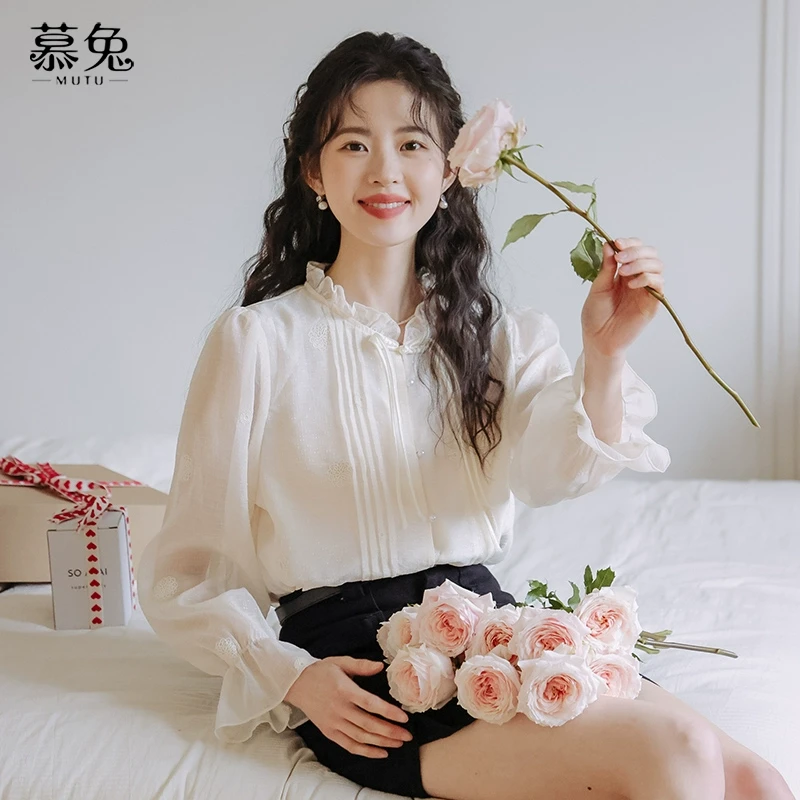 慕兔法式高级感雪纺长袖衬衫女秋季2024新款设计感小众宽松上衣