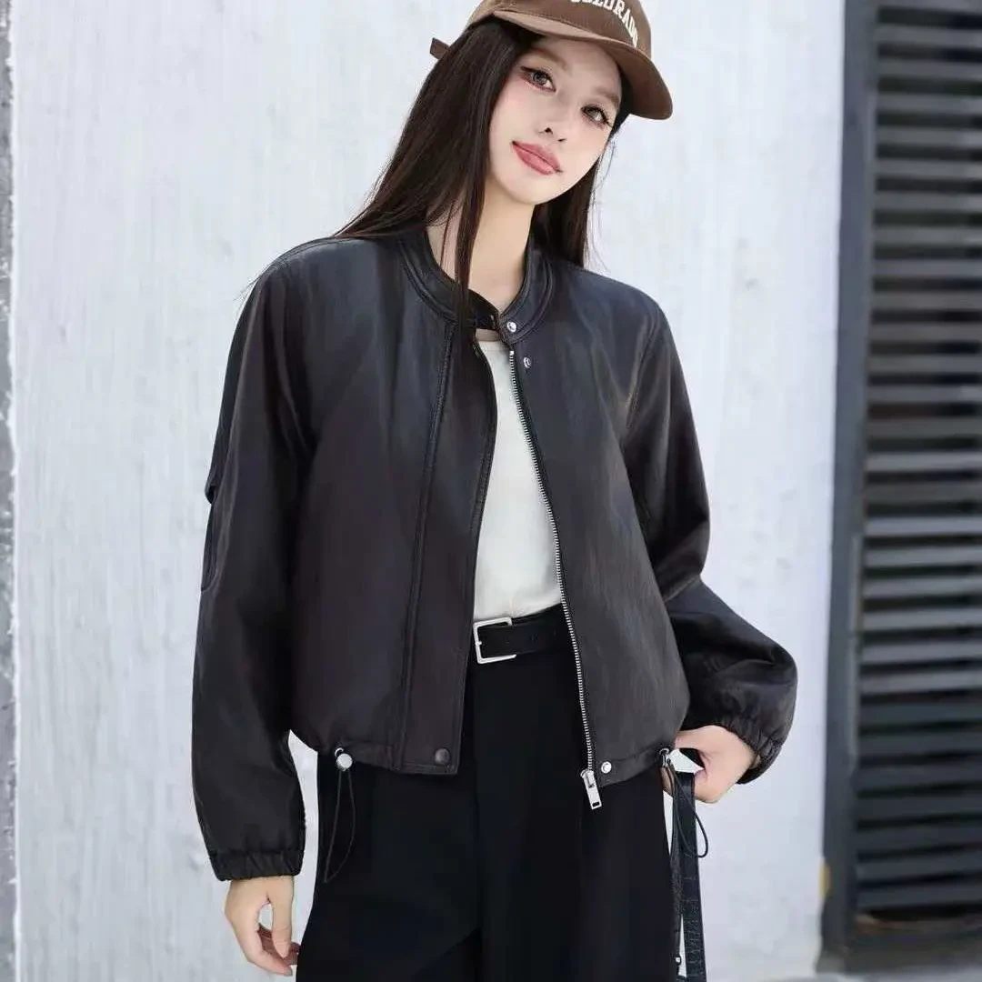 秋冬新款加绒加厚短款女士复古百搭机车皮衣外套