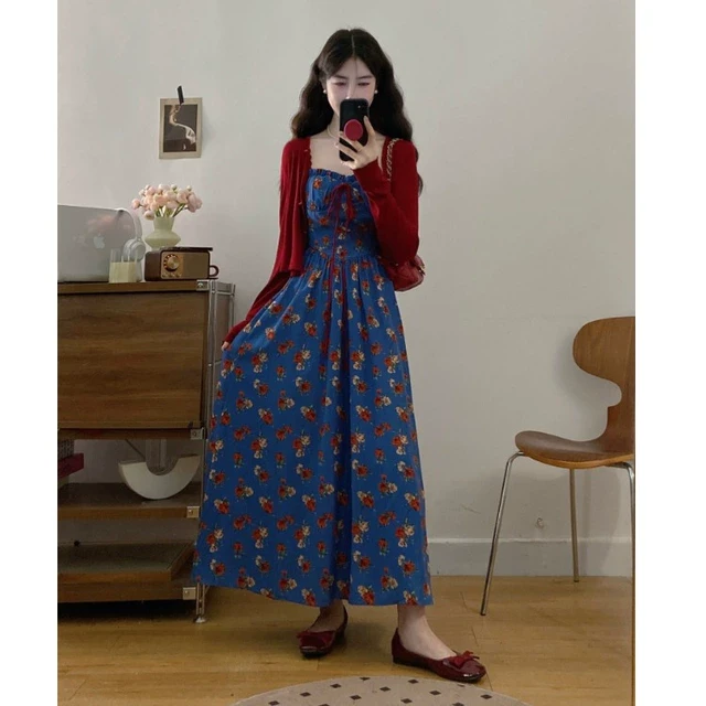 复古浪漫碎花吊带裙开衫套装女夏季大码胖妹蓝色上衣无袖上衣女夏