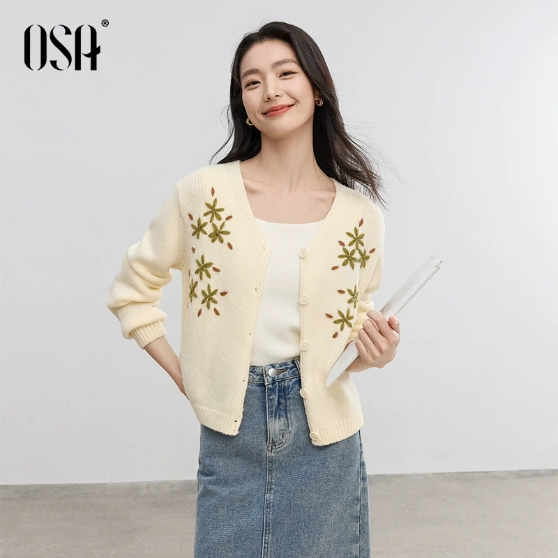 OSA/欧莎 灯笼袖提花针织开衫女设计感慵懒风外套S125A16011