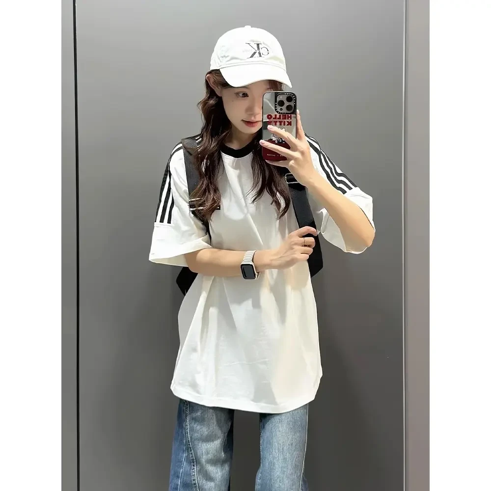 300g三条杠重磅纯棉短袖T恤男夏季日系复古潮牌情侣内搭五分半袖