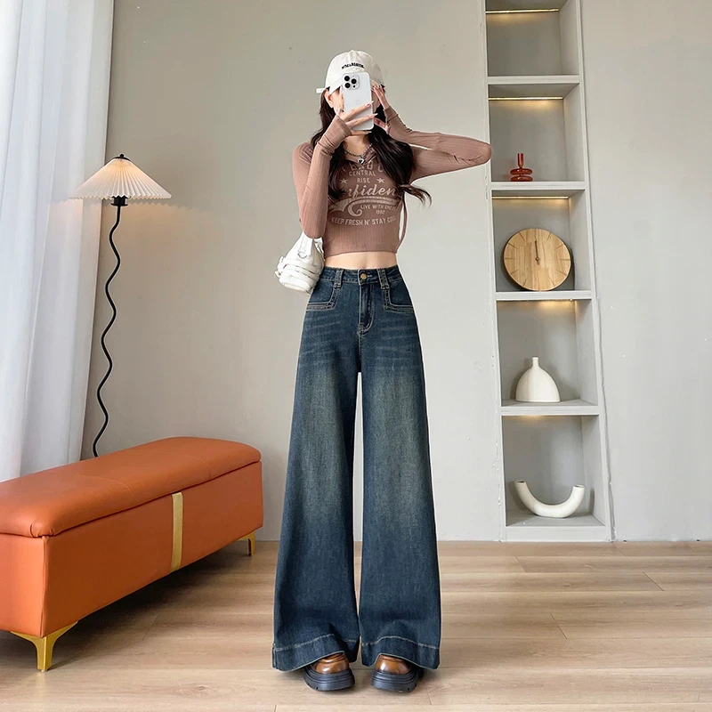 美式复古阔腿牛仔裤女秋季2024新款高腰宽松显瘦大喇叭拖地裤