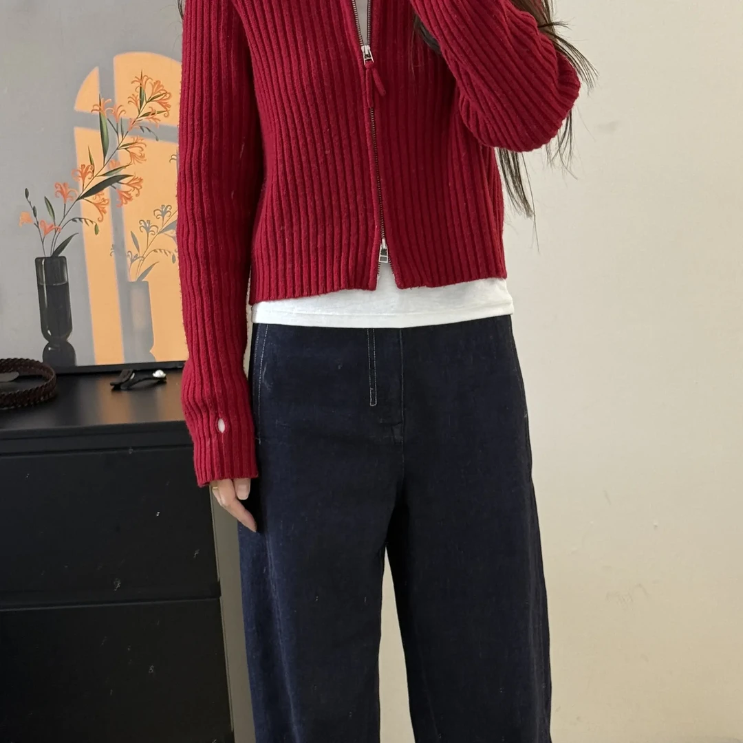 冬季新款双拉链立领百搭显瘦纯色短款羊绒羊毛开衫