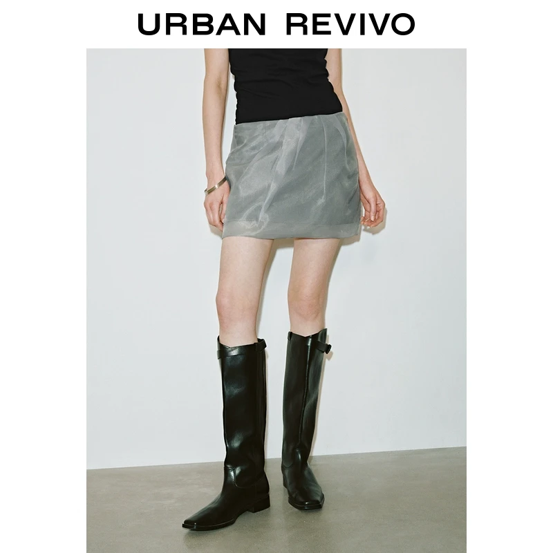 UR2025春季新款女装欧若风时髦拼接薄纱褶皱超短款半裙UWJ550008