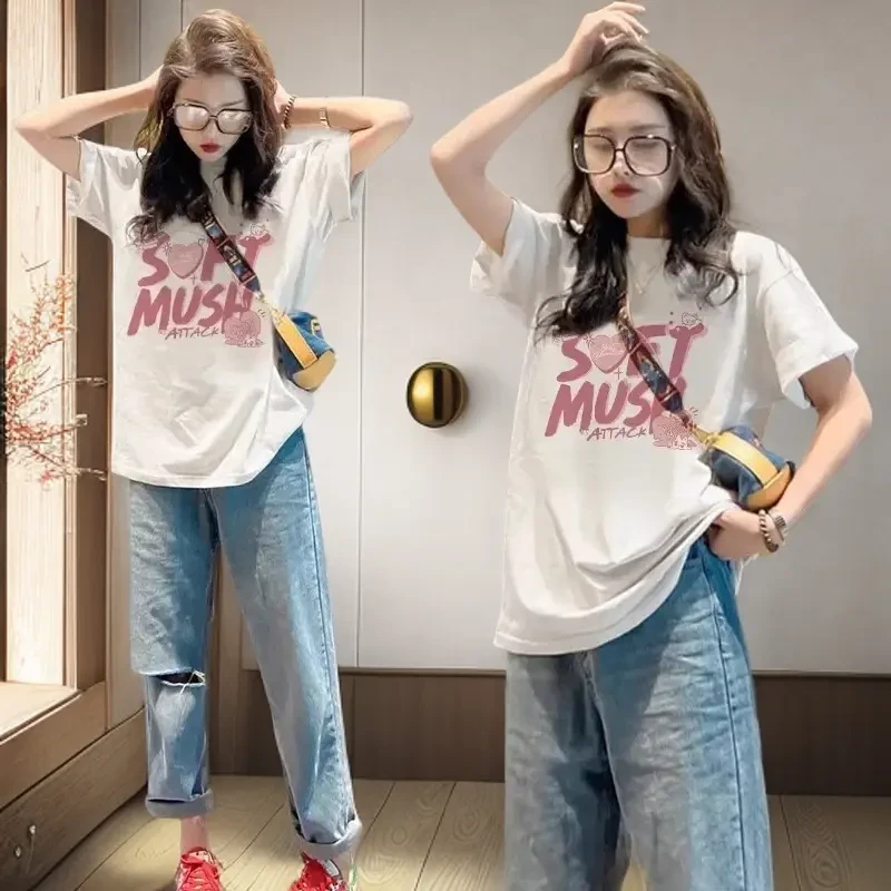 显瘦白色春夏季休闲百搭女大码韩版纯棉上衣t恤短袖印花新款宽松