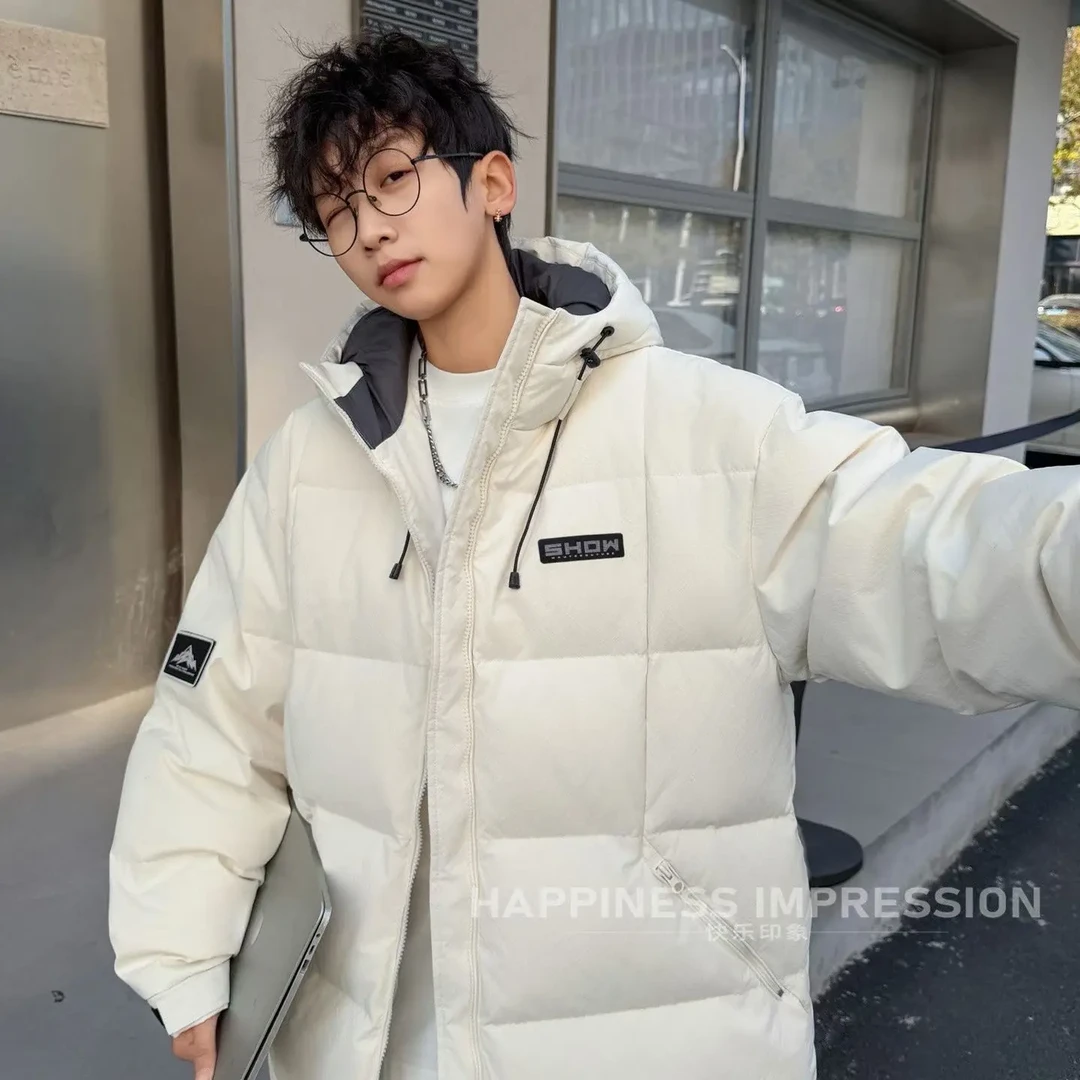 冬季新款加厚保暖连帽宽松白鸭绒男士羽绒服