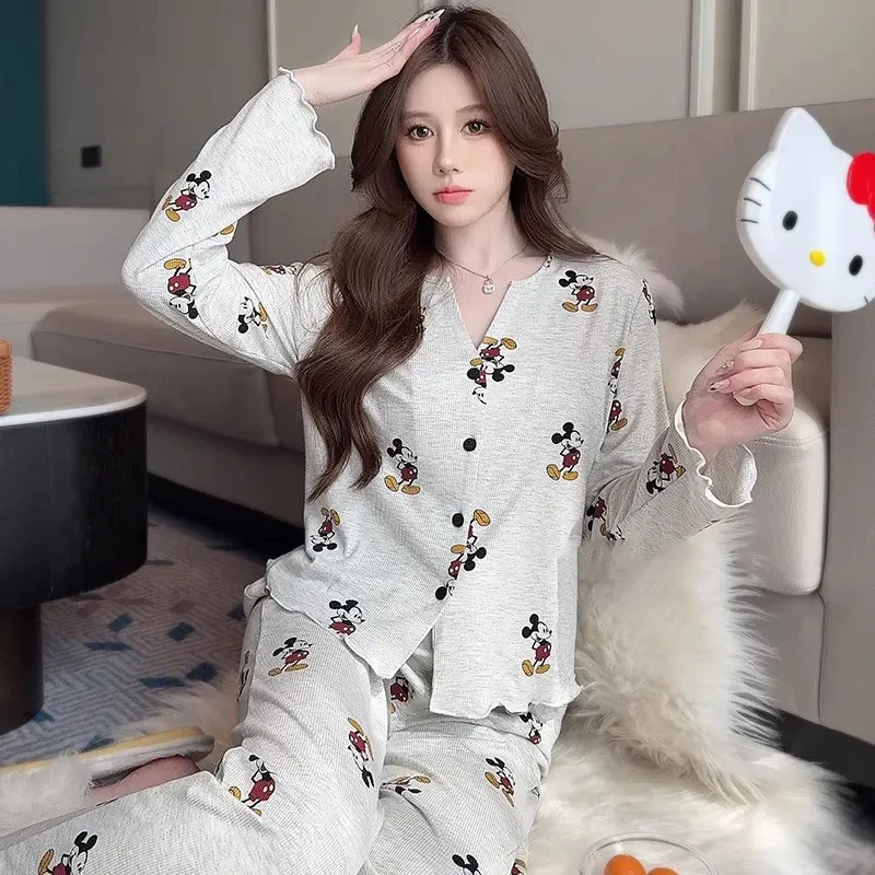 韩系卡通米奇印花长袖睡衣女春秋新款舒适开衫纽扣长裤家居服套装