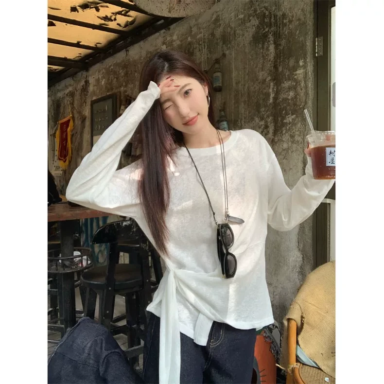 薄款宽松时尚设计感绑带T恤女春季新款外穿慵懒显瘦百搭长袖上衣